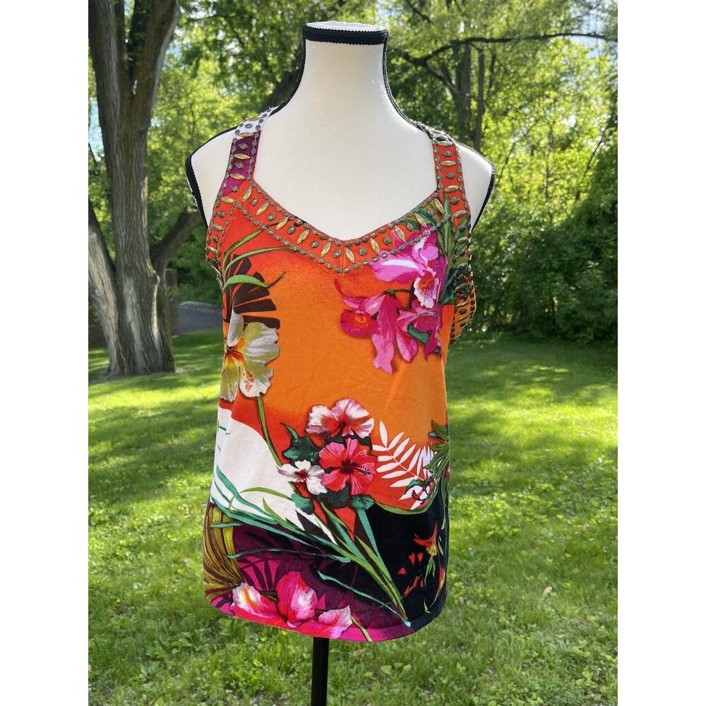 Caché Y2K McBling Glam Tropical Floral Beaded Embellished Tank Top Halter Back L